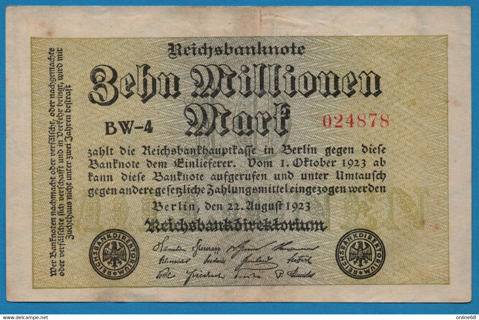 DEUTSCHES REICH 10 MILLIONEN MARK 22.08.1923 # BW-4 024878 P#106a - 10 Mio. Mark