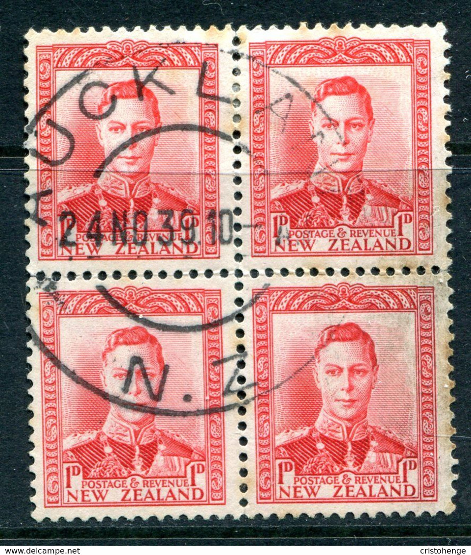 New Zealand 1938-44 King George VI Definitives - 1d Scarlet Block Used (SG 605) - Gebruikt