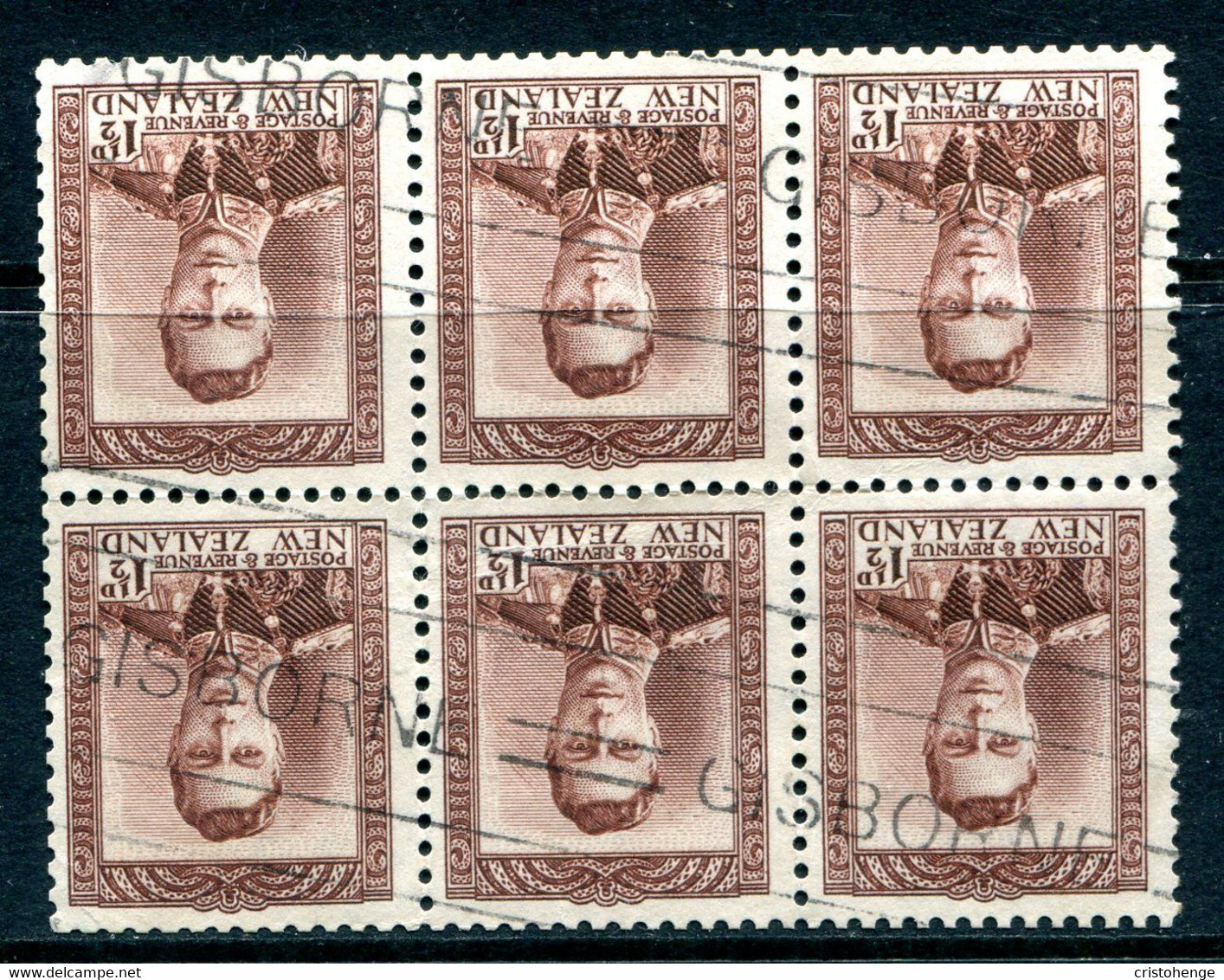 New Zealand 1938-44 King George VI Definitives - 1½d Purple-brown - Wmk. Inverted - Booklet Pane Used (SG 607w) - Usati