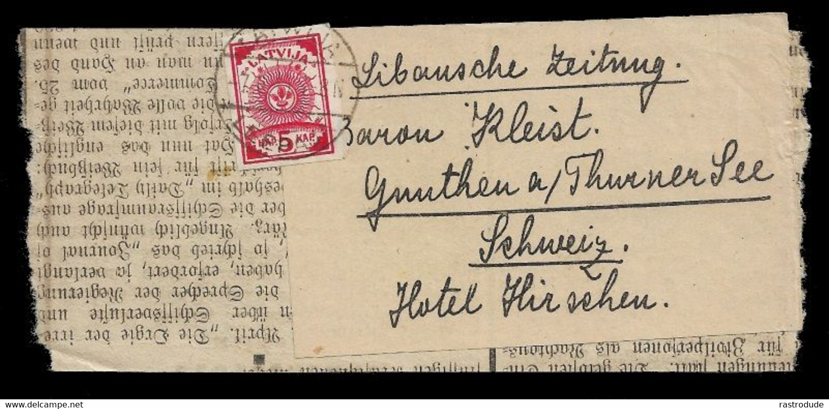 1919 RARE -  LETTLAND LATVIJA LATVIA 5 Kop Mi. # 1 On PRINTED MATTER ADDRESS LABEL To SWITZERLAND - HOTEL ADDRESS - Lettonia