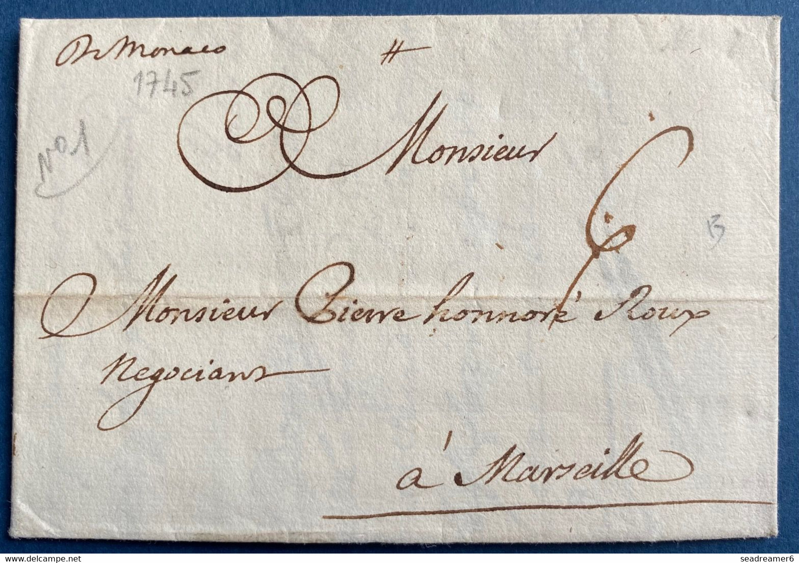 Monaco Lettre Avec Texte écrite à Livourne De 1745 Marque Manuscrite En Transit " De Monaco " Pour Marseille TTB - ...-1885 Precursores