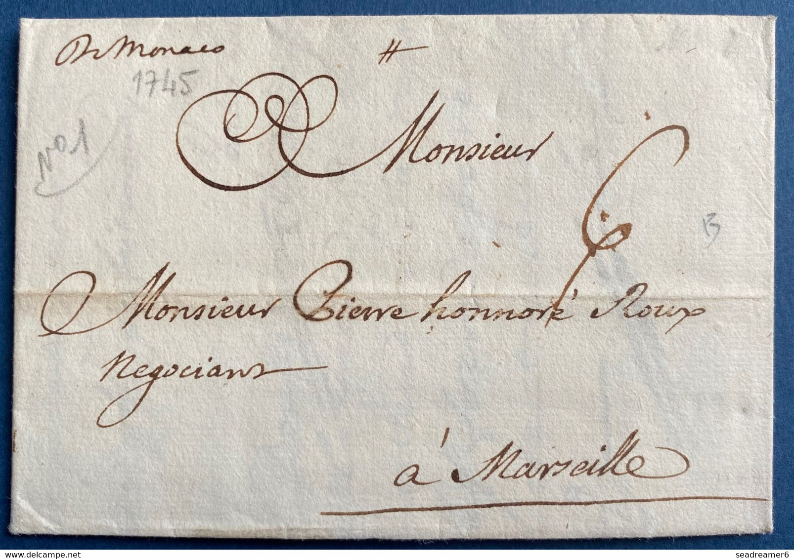 Monaco Lettre Avec Texte écrite à Livourne De 1745 Marque Manuscrite En Transit " De Monaco " Pour Marseille TTB - ...-1885 Precursori
