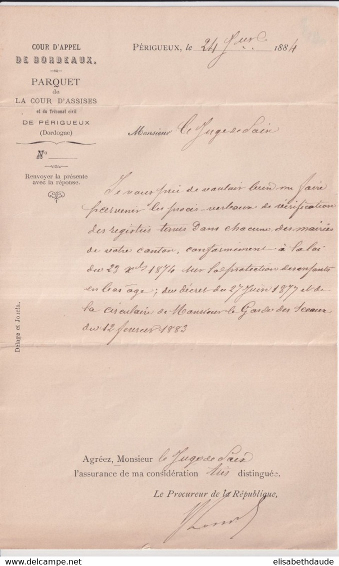 1884 - LETTRE En FRANCHISE Du PROCUREUR De La REPUBLIQUE De PERIGUEUX (DORDOGNE) => ST ASTIER - "ENFANTS EN BAS AGES" - Frankobriefe