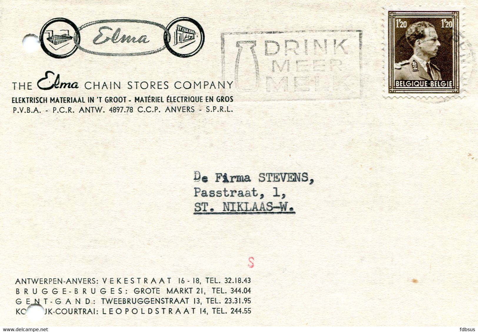 1956 Kaart The ELMA Chain Stores Company Electrisch Materiaal In Het Groot. Antwerpen Brugge - Naar St Niklaas - Ref 134 - Cartas & Documentos