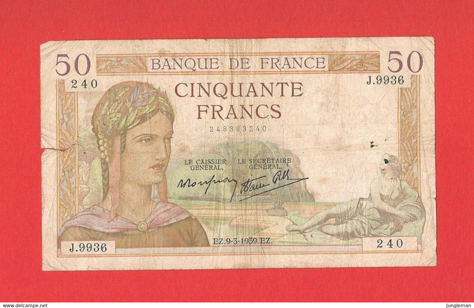 50 Francs Cérès - J.9936 N° 240 - 9 Mars 1939 - Plis, Déchirures, Trous D'épingle, Sans Manque De Papier - 50 F 1934-1940 ''Cérès''