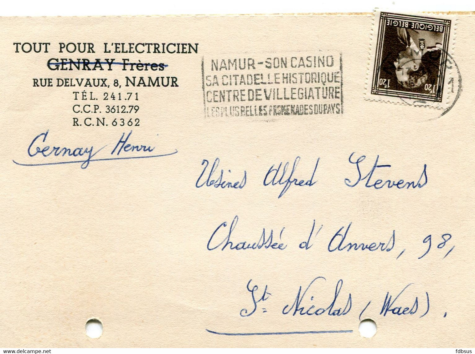 1954 Kaart GERNAY HENRI  (Frères) Namur - Tout Pour L'électricien   Naar St Niklaas - Ref 137 - Cartas & Documentos