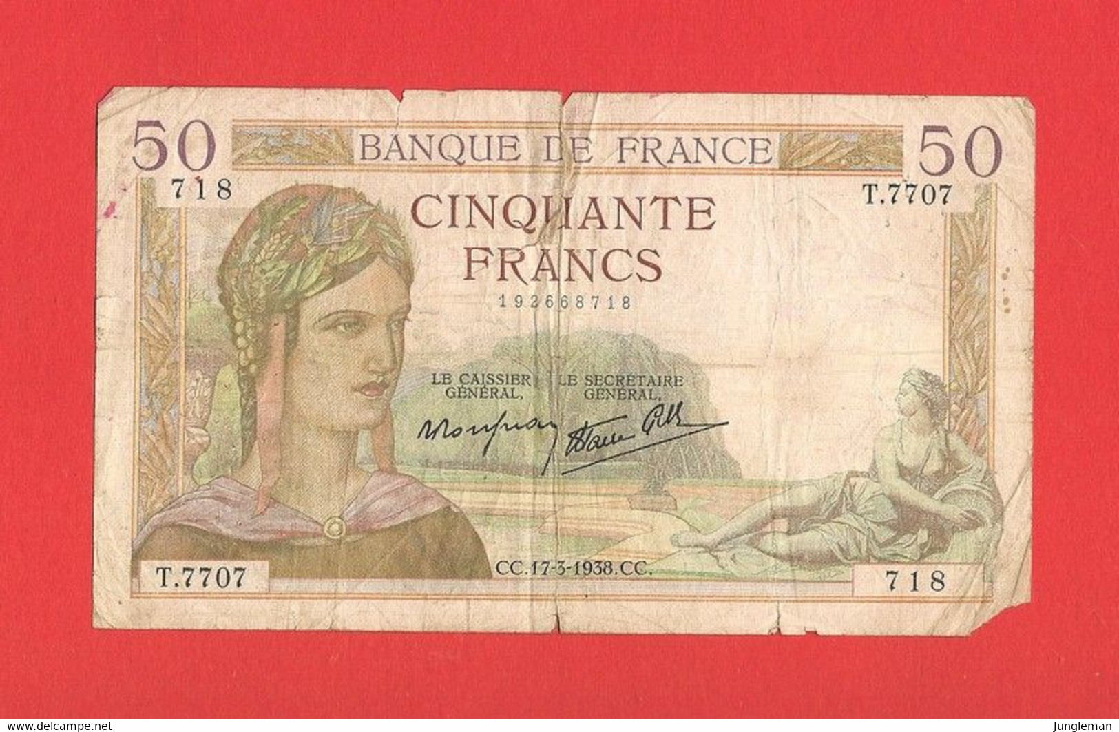 50 Francs Cérès - T.7707 N° 718 - 17 Mars 1938 - Plis, Déchirures, Trous D'épingle, Avec Petit Manque De Papier - 50 F 1934-1940 ''Cérès''