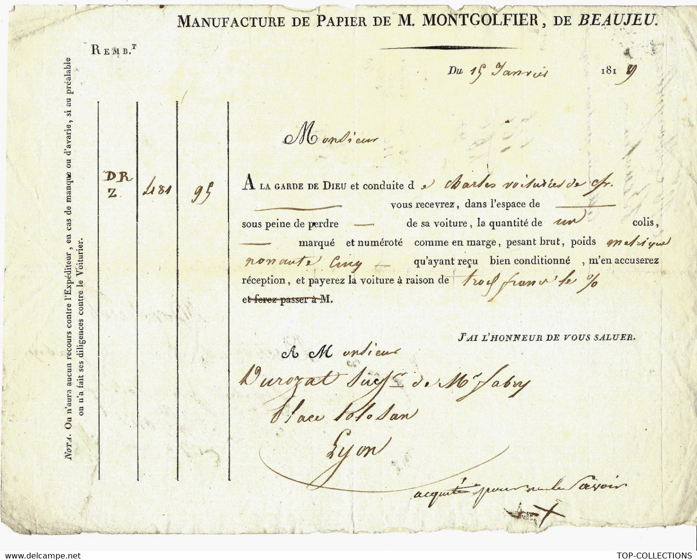 Un Nom Prestigieux  1819 FAMILLE MONTGOLFIER MANUFACTURE DE PAPIER VOIR HISTORIQUE BEAUJEU (Rhône) LETTRE DE VOITURE - 1800 – 1899