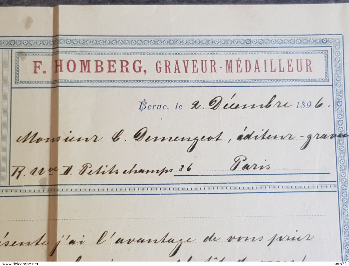 Lettres Sur Facture Commercial De Berne A Paris En 1896 F. HOMBERG - GRAVEUR MEDAILLEUR - PRIME A L EXPO DE PARIS EN1889 - 1800 – 1899