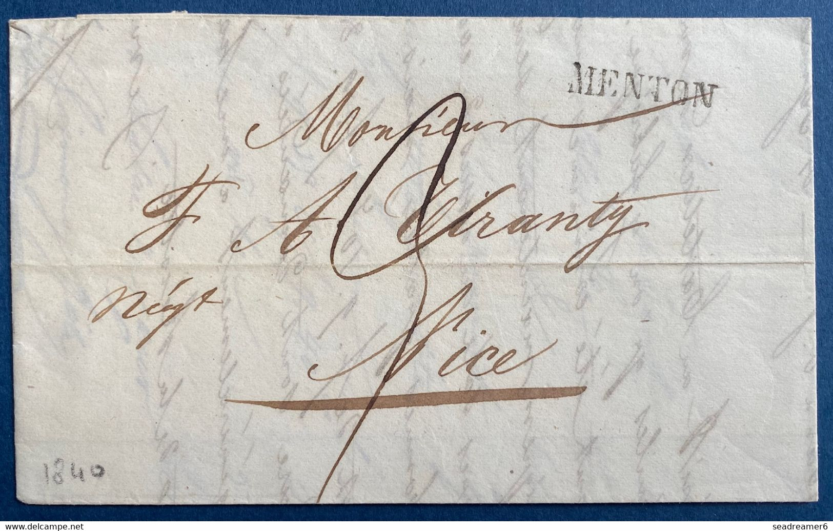 Lettre De MENTON 1840 Marque Sarde 23mm Pour Nice TTB - ...-1885 Préphilatélie