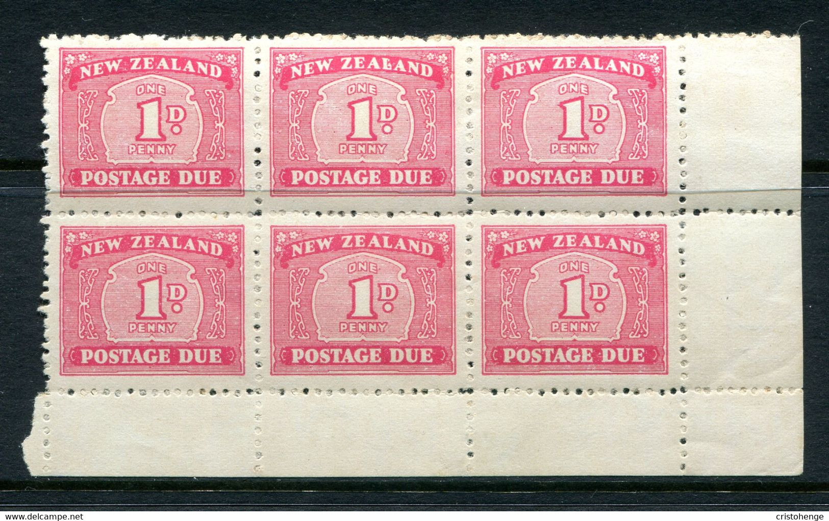 New Zealand 1939-49 Postage Dues - Multiple Wmk. - 1d Carmine Block HM (SG D45) - Light Toning - Segnatasse