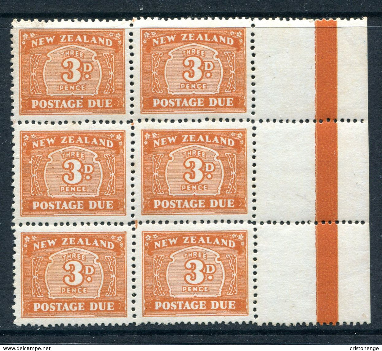 New Zealand 1939-49 Postage Dues - Multiple Wmk. Sideways - 3d Orange-brown Block HM (SG D47aw) - Toning - Segnatasse