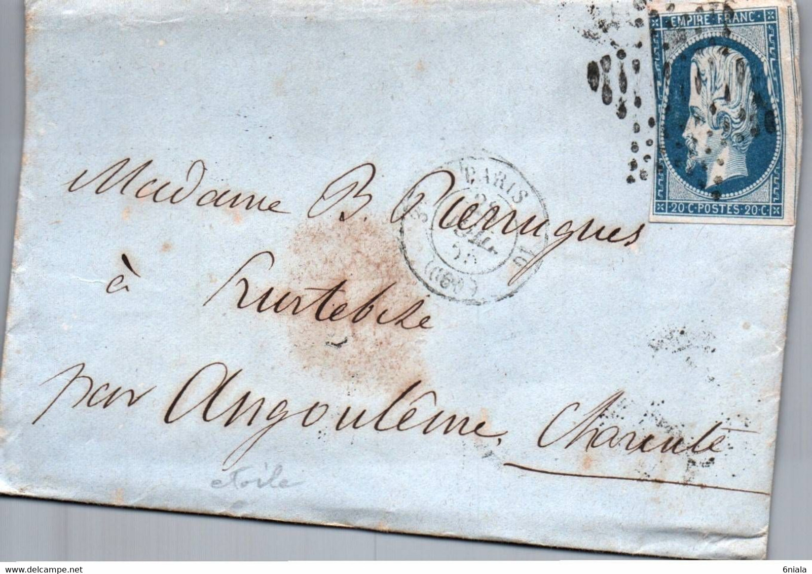 7717 Lettre Paris Etoile    Pour Angoulême Heurtebise (Charente 16)  28/07/1855 (recto-verso) PARIS à BORDEAUX  Recto - 1849-1876: Période Classique