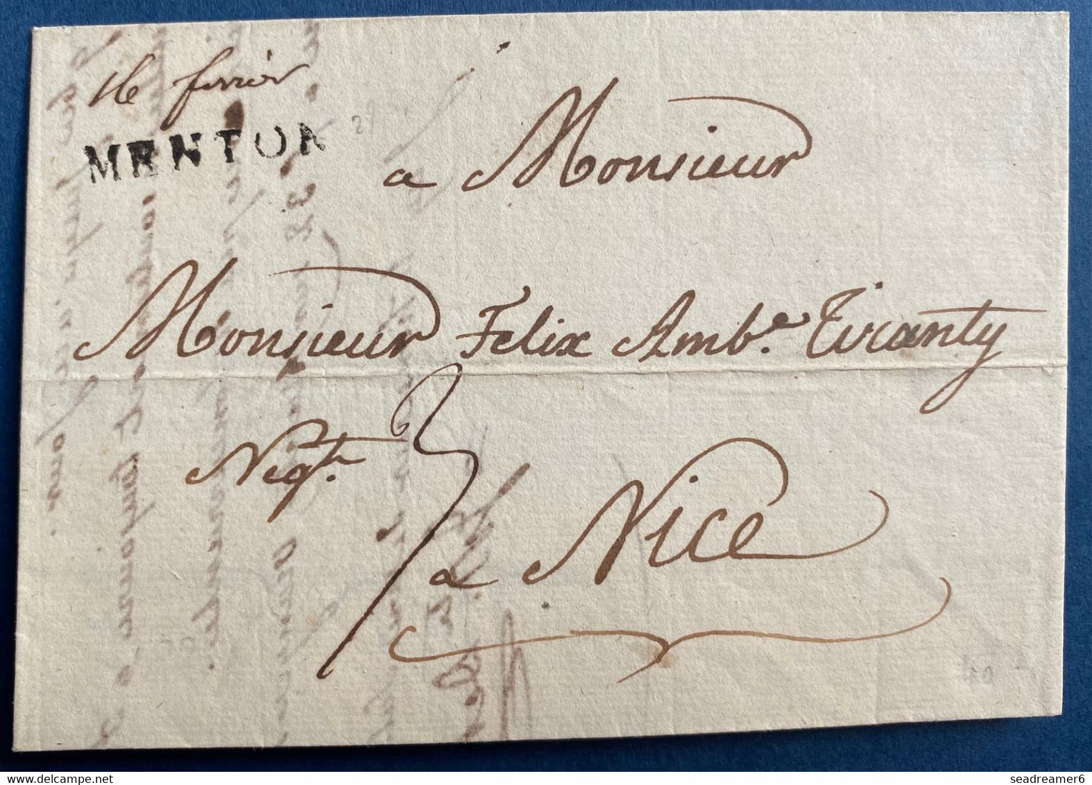 Lettre De MENTON 1824 Marque Sarde + Date Manuscrite Pour Nice TTB - ...-1885 Vorphilatelie