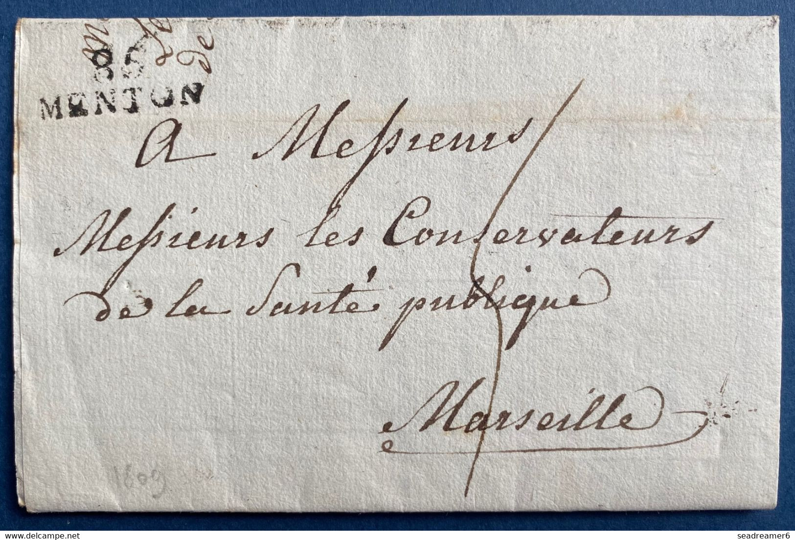 Lettre De MENTON 1809 Marque " 85 / Menton " 27 X 10 Mm Pour Marseille TTB - ...-1885 Préphilatélie