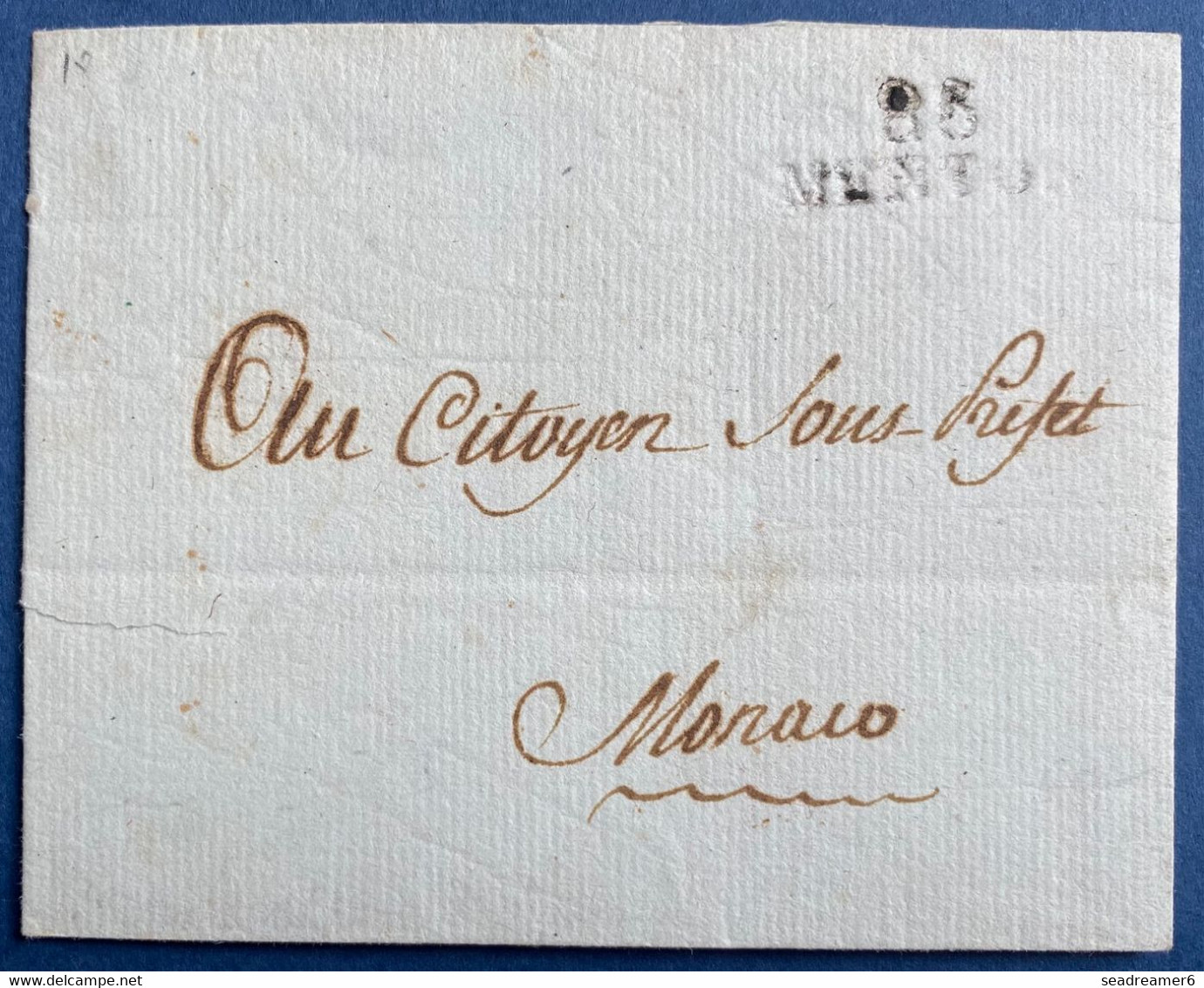 Lettre Du Curé De MENTON 1803 Marque " 85 / Menton " Pour MONACO Pas Courant En Local... - ...-1885 Préphilatélie