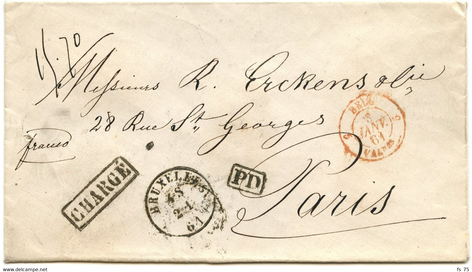 BELGIQUE - SIMPLE CERCLE BRUXELLES + CHARGE + PD SUR LETTRE POUR PARIS, 1861 - Other & Unclassified