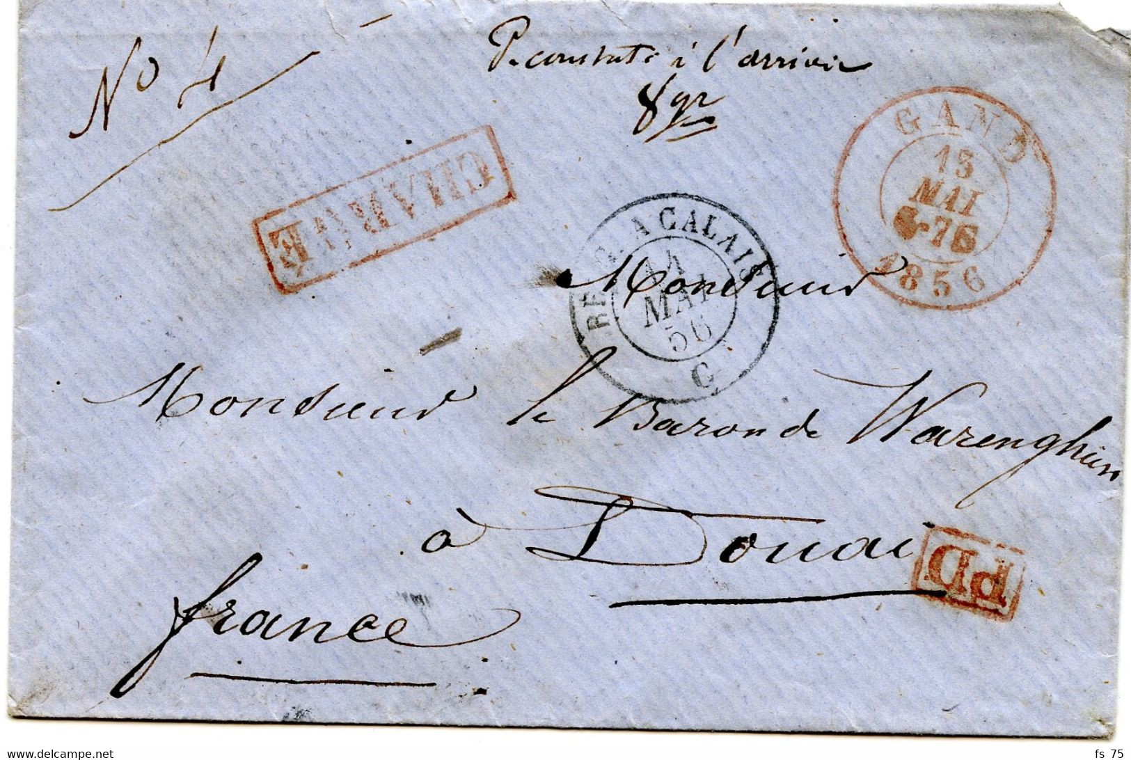 BELGIQUE - SIMPLE CERCLE ROUGE GAND + CHARGE + PD SUR LETTRE POUR DOUAI, 1856 - Other & Unclassified