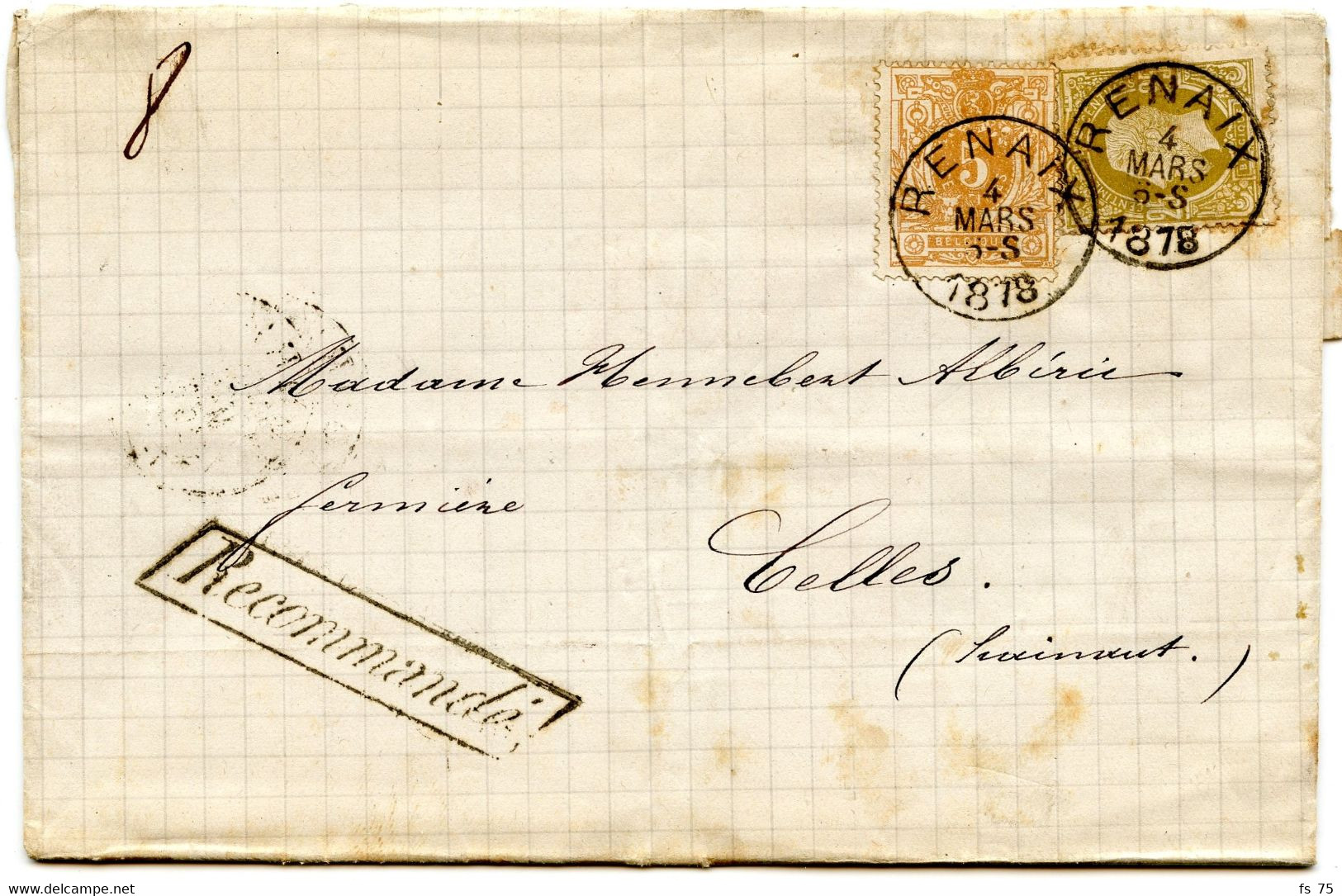 BELGIQUE - COB 28+32 SIMPLE CERCLE RENAIX SUR LETTRE RECOMMANDEE, 1878 - Ambulantes