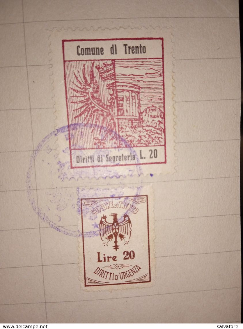 MARCA DA BOLLO  COMUNE DI TRENTO DIRITTI DI SEGRETERIA LIRE 20 + 20 LIRE DIRITTI D'URGENZA 1954 - Revenue Stamps