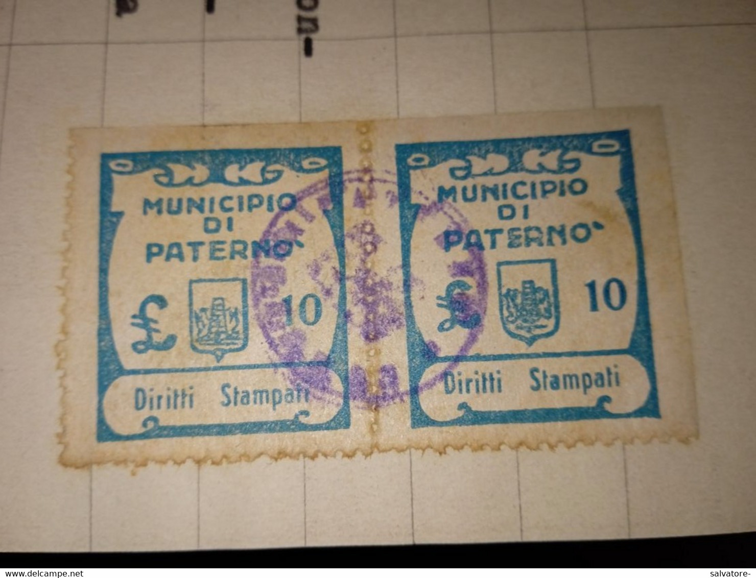 MARCA DA BOLLO  MUNICIPIO DI PATERNÒ- COPPIA 10 LIRE  DIRITTI STAMPATI  1954 - Steuermarken