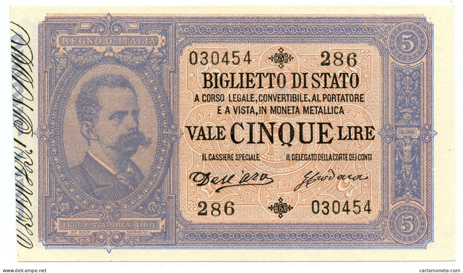 5 LIRE BIGLIETTO DI STATO EFFIGE UMBERTO I 01/03/1883 FDS-/FDS - Regno D'Italia – Other