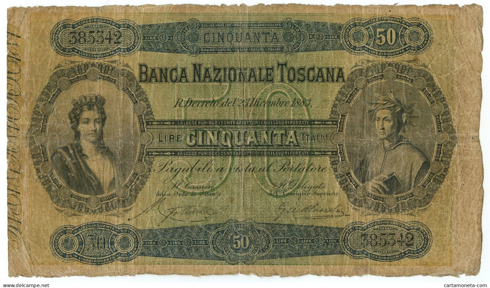 50 LIRE BANCA NAZIONALE TOSCANA REGNO D'ITALIA MATRICE III TIPO 23/12/1883 MB/BB - Other & Unclassified