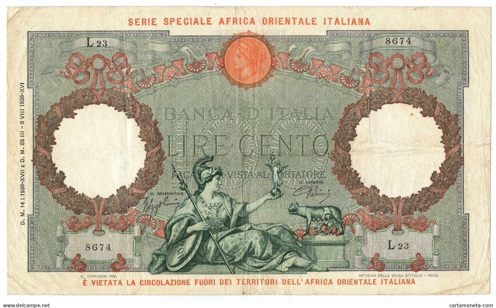 100 LIRE CAPRANESI AQUILA AFRICA ORIENTALE ITALIANA AOI 14/01/1939 BB/BB+ - Africa Oriental Italiana