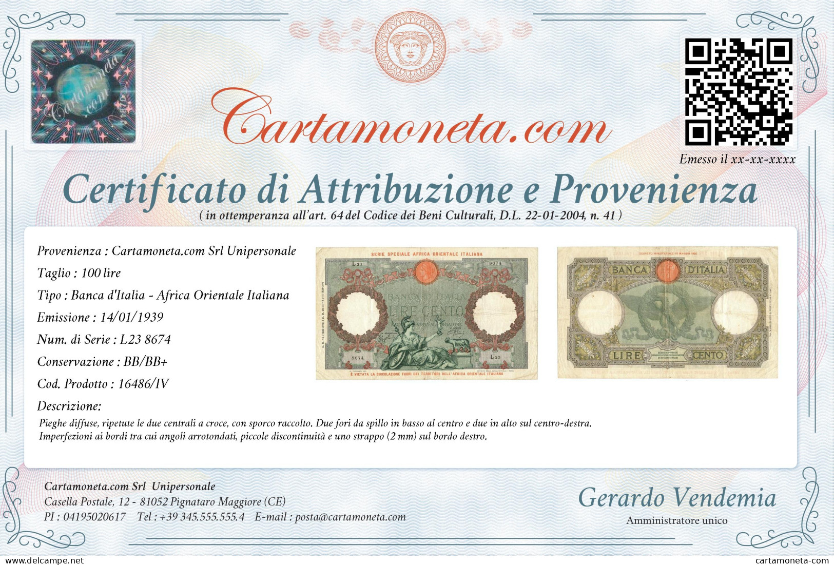 100 LIRE CAPRANESI AQUILA AFRICA ORIENTALE ITALIANA AOI 14/01/1939 BB/BB+ - Italian East Africa