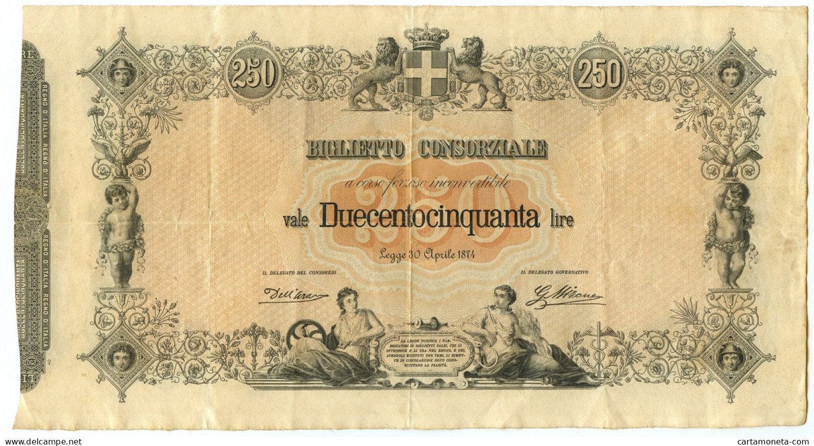 250 LIRE BIGLIETTO CONSORZIALE REGNO D'ITALIA 30/04/1874 BB - Biglietti Consorziale