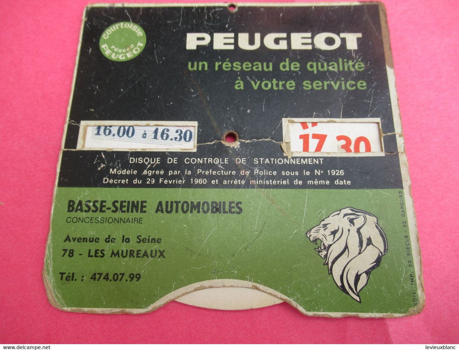 Disque De Contrôle De Stationnement Ancien/PEUGEOT/Basse-Seine Automobiles Les MUREAUX /Vers 1960     AC178 - Voitures
