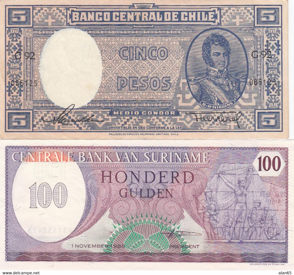 Chile #110 (1947-1958) 5 Pesos & Suriname #128 100 Gulden (1985) Lot Of 2 Banknotes Money - Otros – América
