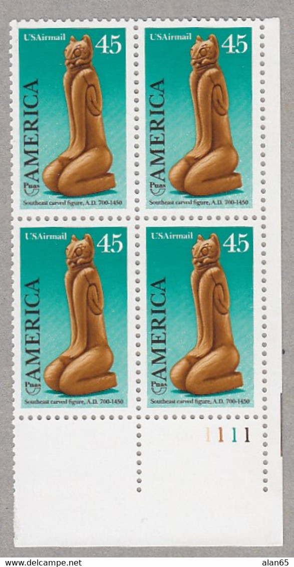 Sc#C121, America Carved Figure Air Mail Plate # Block Of 4 45-cent US Stamps - 3b. 1961-... Nuevos