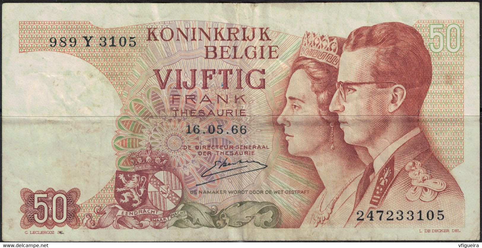 Belgique 1966 Billet De Banque Banknote Bill 50 Cinquante Francs Vijftig Frank - Andere & Zonder Classificatie