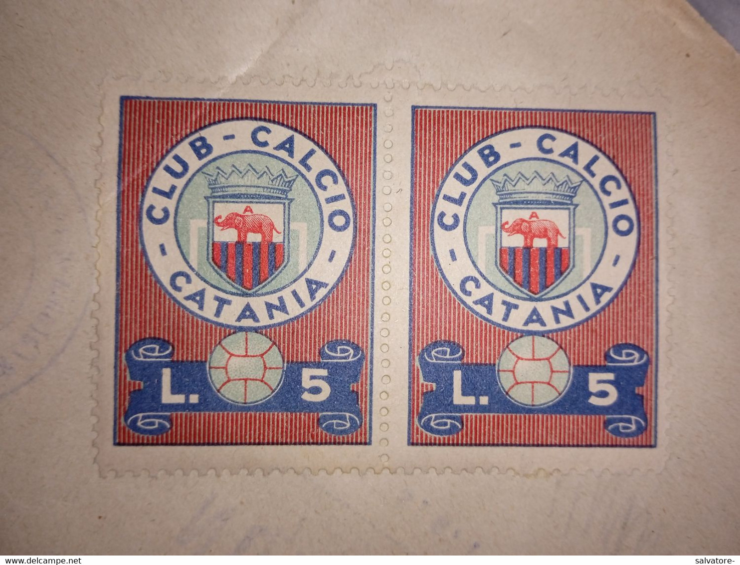 COPPIA MARCHE DA BOLLO CALCIO CATANIA LIRE 5 - 1954 - Steuermarken