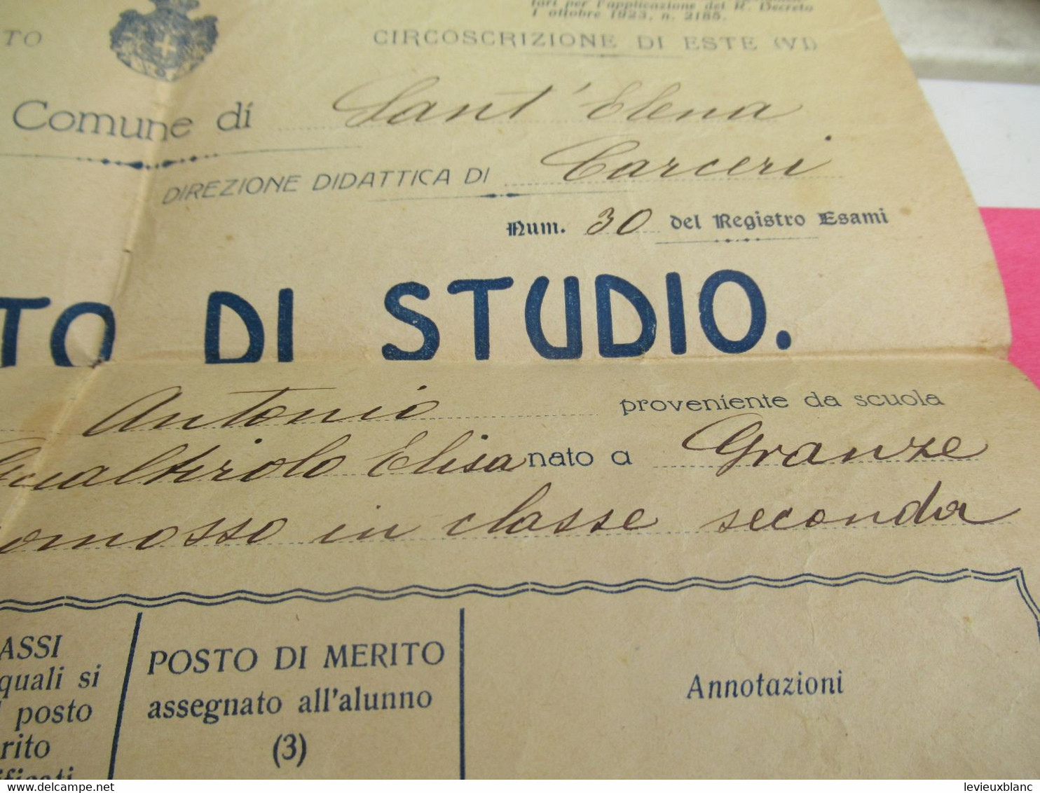 Certificato Di STUDIO/ Scuole Elementari Del Comune Di SANT'ELENA/Padova/Antonio TERSENI/1925           DIP271 - Diploma & School Reports