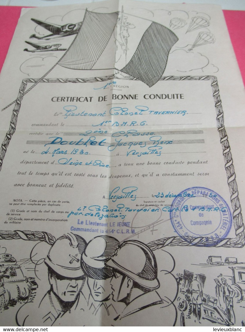 Certificat De Bonne Conduite /Militaria/ 1er BRMG/ VERSAILLES/ Jacques DOUBLET/1950         DIP270 - Dokumente
