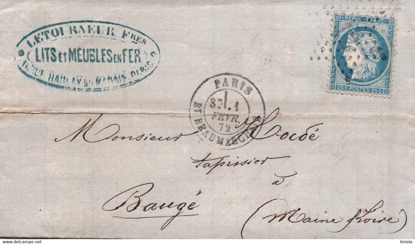 7723 Lettre LETOURNEUR Lits Meubles Fer Paris Etoile 1 (75)  Pour  BAUGE (Maine Et Loire 49)  1/02/1872 (recto-verso) - 1849-1876: Période Classique