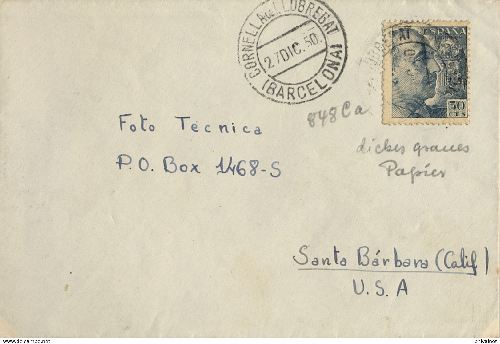 1950 , BARCELONA , SOBRE CIRCULADO ENTRE CORNELLÁ DE LLOBREGAT Y SANTA BÁRBARA - Brieven En Documenten