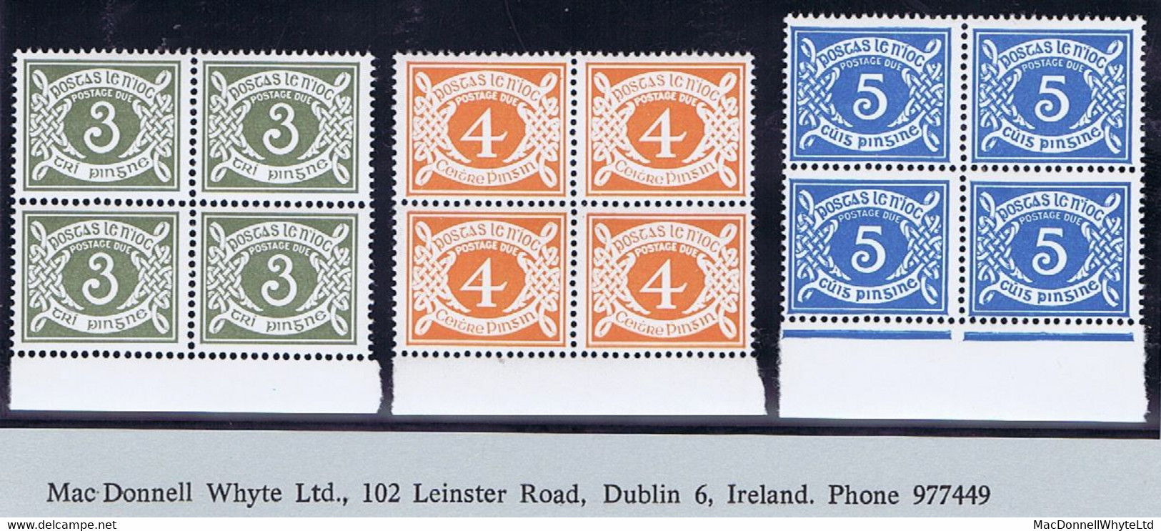 Ireland Postage Due 1978 Unwatermarked 3p 4p 5p Set Of 3, Marginal Blocks Of 4 Mint Unmounted, 4p With Double Bottom - Strafport