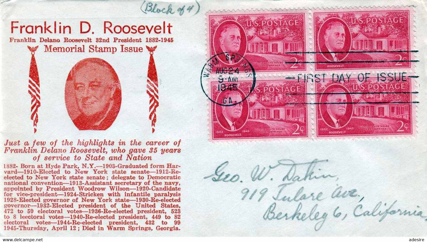 FDC USA 1945 - Franklin D.Roosevelt 4er Block Frankierung - 1941-1950