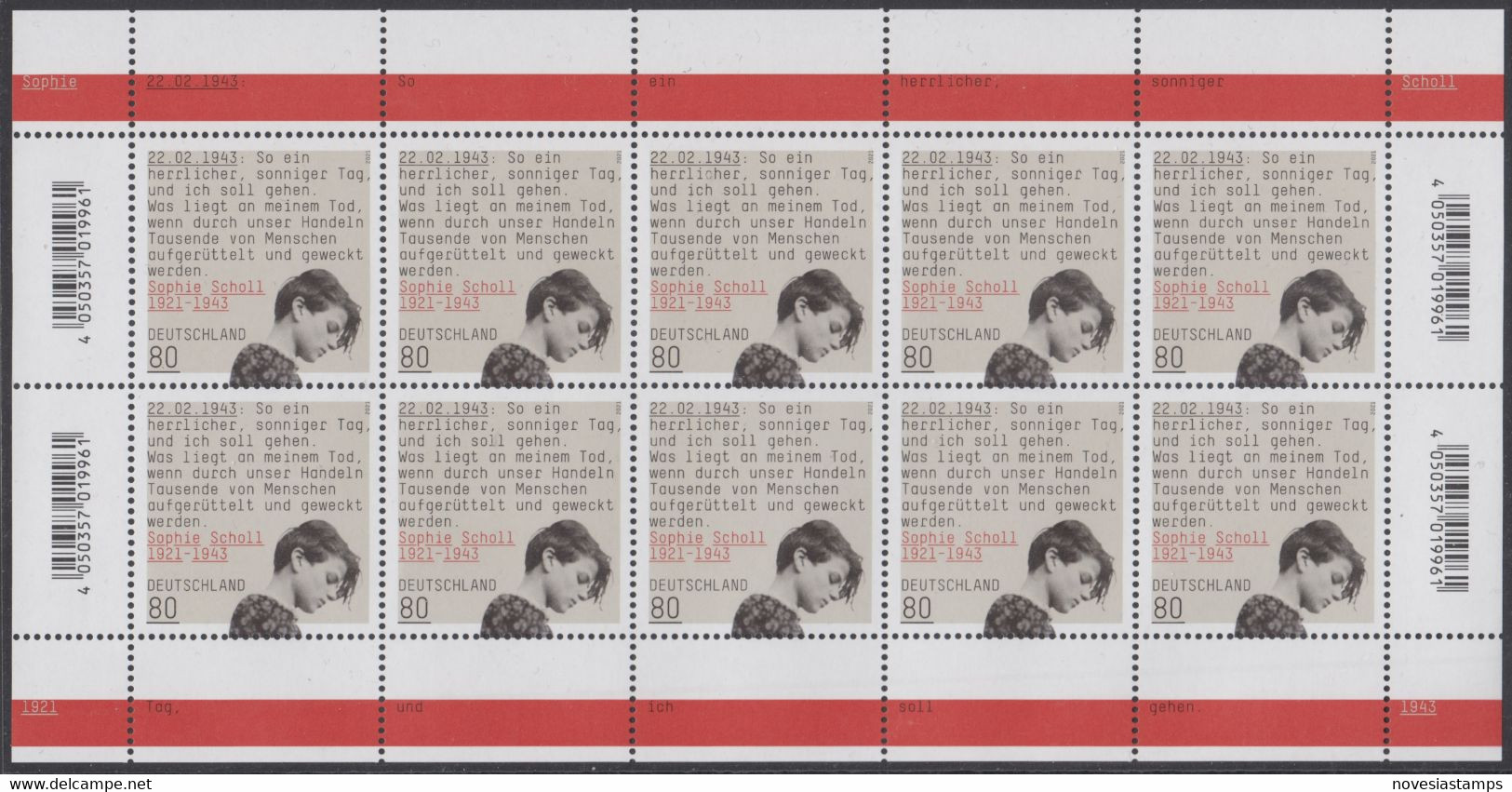 !a! GERMANY 2021 Mi. 3606 MNH SHEET(10) - Sophia Scholl, Resistance Fighter Vs. National Socialism - 2021-…