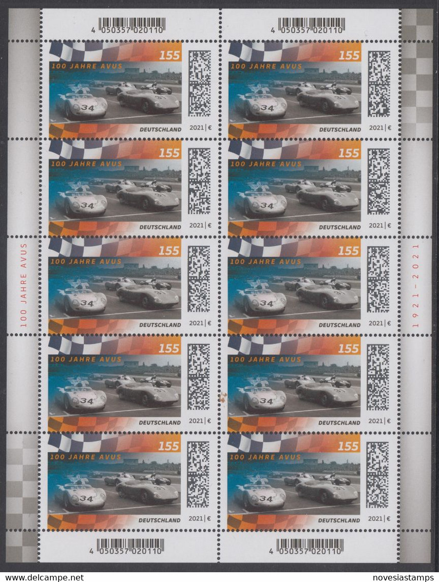 !a! GERMANY 2021 Mi. 3616 MNH SHEET(10) - 100 Years Of AVUS-Racing - 2021-…