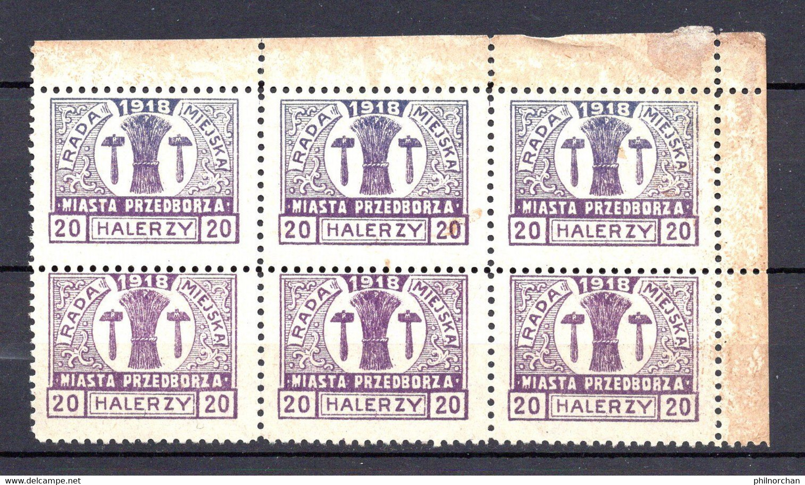 Pologne 1918 Poste Locale PRZEDBORZA Bloc 6x20 Halerzy Violets Dentelés Neufs**  12 €   (cote ?, 6 Valeurs) - Neufs