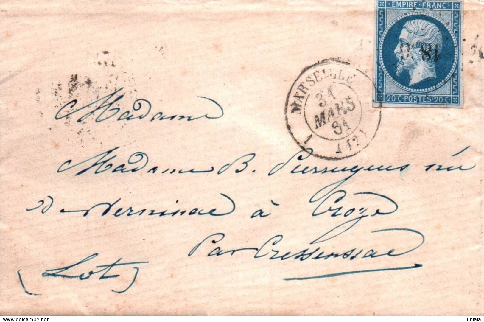 7735 Lettre Petits Chiffres PC 1896  MARSEILLE 13  Pour  CROZE  Par CRESSENSAC  ( 46 Lot)  31/3/1881 (recto-verso) - 1849-1876: Période Classique