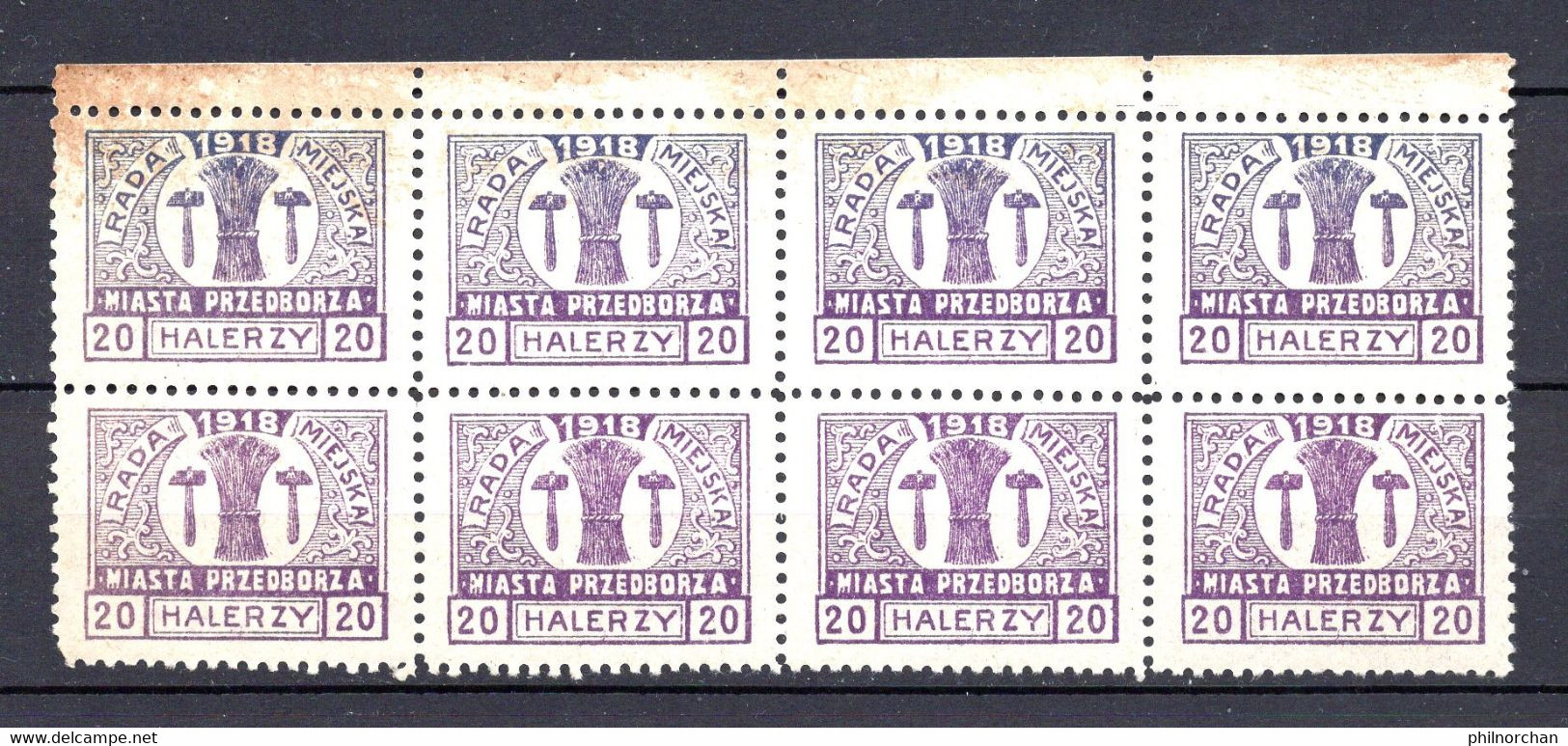 Pologne 1918 Poste Locale PRZEDBORZA Bloc 8x20 Halerzy Violets Dentelés Neufs**  12 €   (cote ?, 8 Valeurs) - Unused Stamps