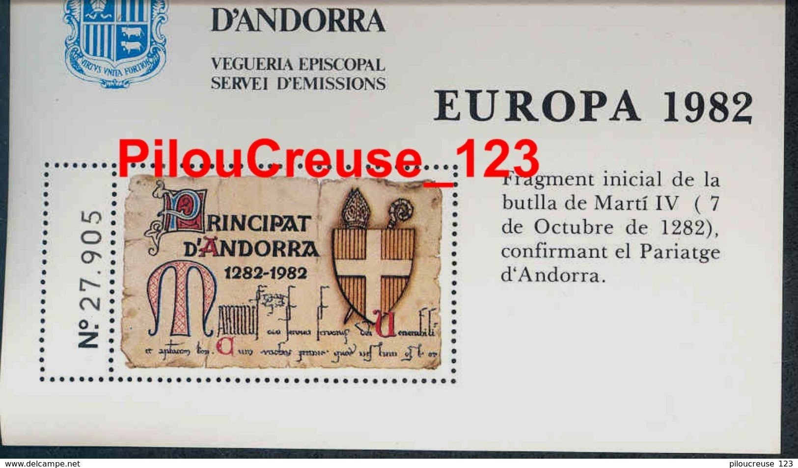 ANDORRA VIGUERIE ANDORRE - " **LUXE 1982 Bloc Feuillet 7 Europa " - Vegueria Episcopal