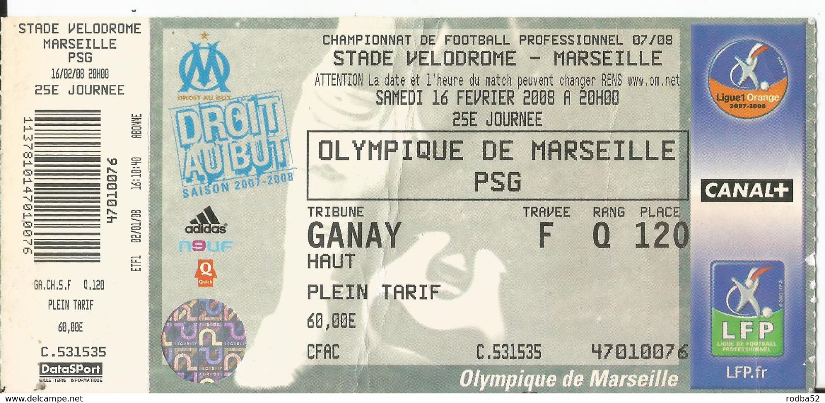 Ticket Football - Marseille Paris En 2008 - OM - Altri & Non Classificati