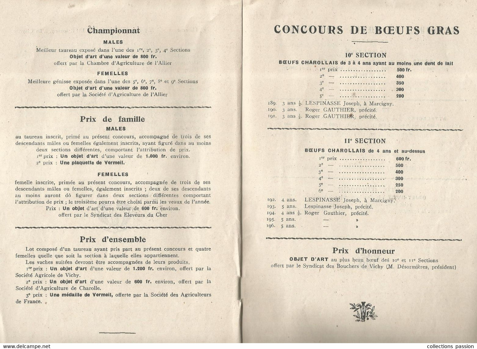 programme, CONCOURS SPECIAL DE LA RACE BOVINE CHAROLLAISE, Vichy ,1930, 22 pages,7 scans, frais fr 3.35 e