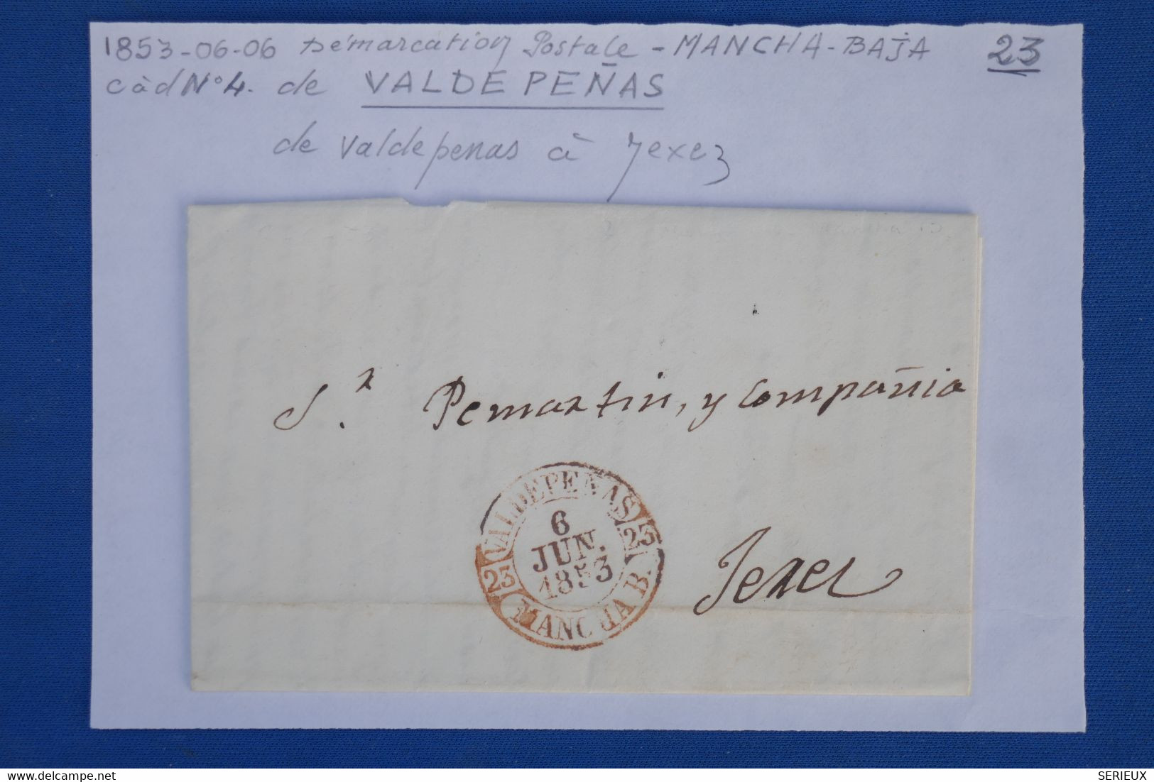 AX15  ESPANA   BELLE LETTRE  RR 1853 MANCHA BAJA  VALDE PENAS A JEREZ ++ AFFRANCH. PLAISANT - ...-1850 Prefilatelia